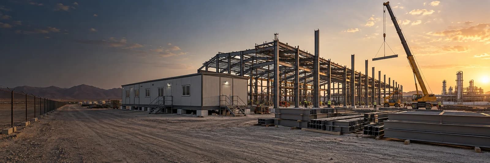 Industrial construction project with steel structure and modular office