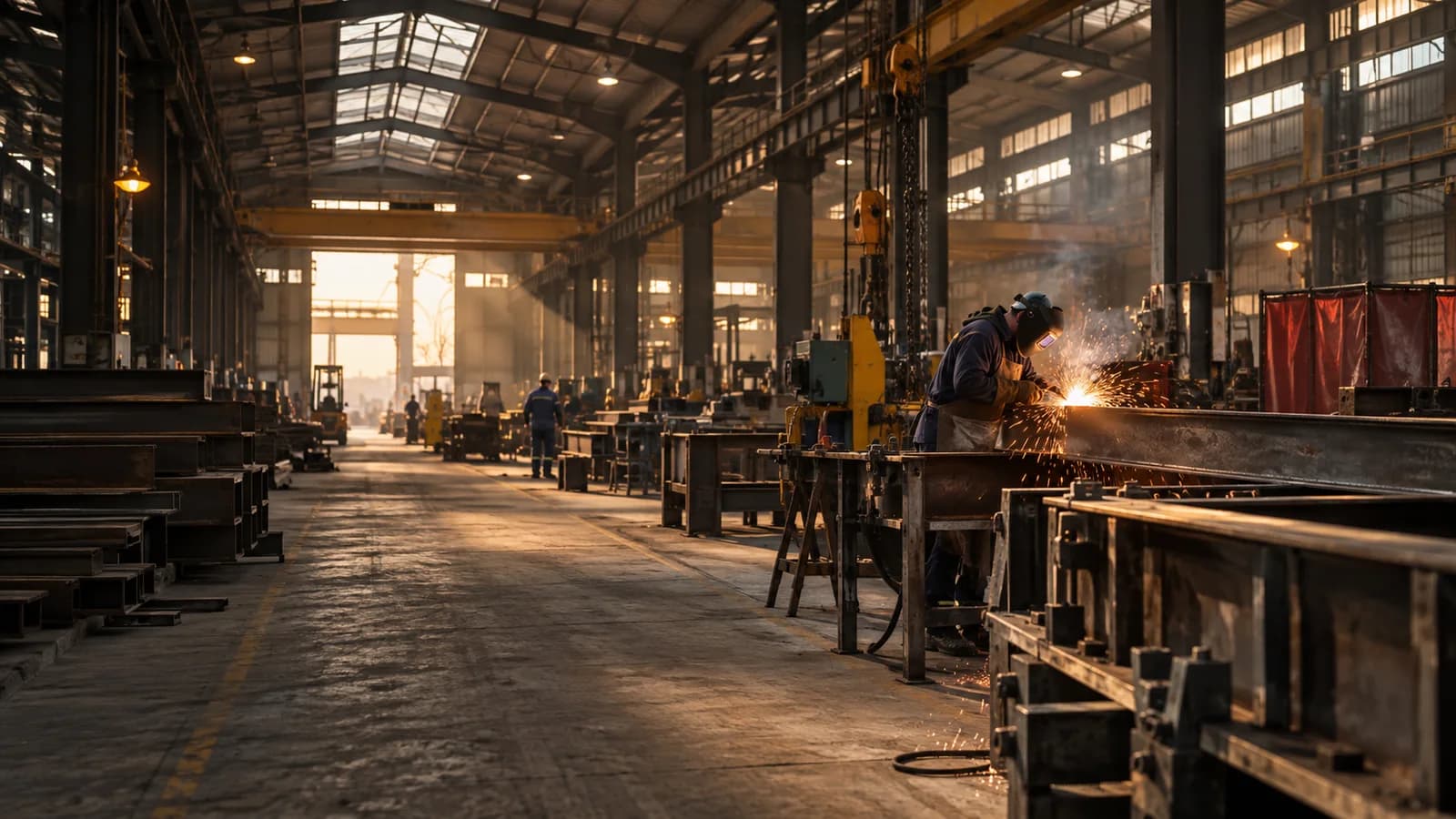 Illustrative scene of an active steel fabrication workshop